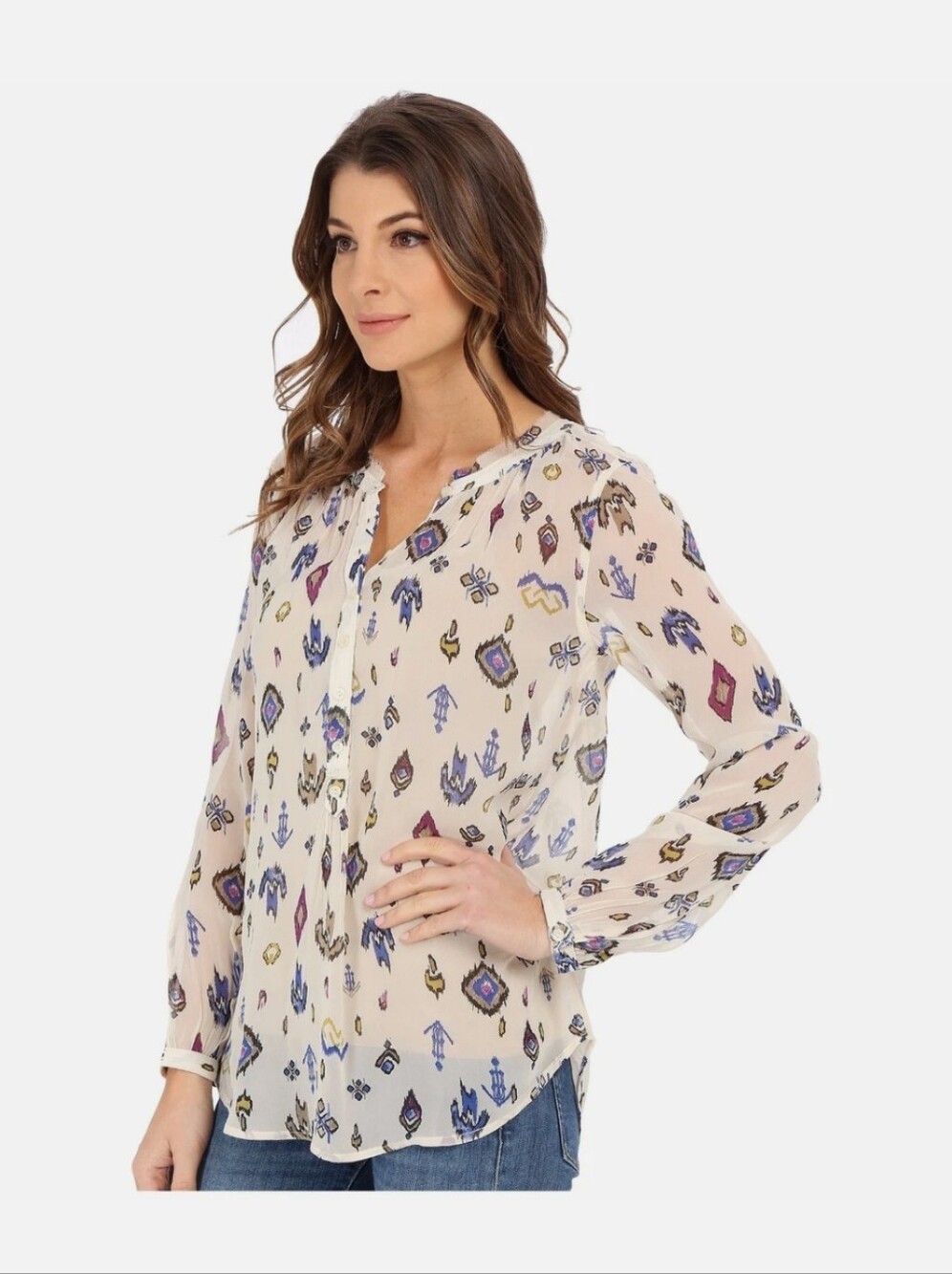 Lucky Brand Long Sleeve Sheer Tribal Print Button Down Blouse Sz M